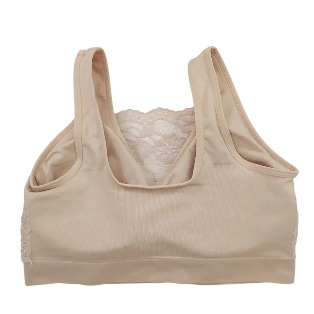 Rhonda Shear Bra Womens Large Nude Lace Overlay Wireless Padded Comfort Soft